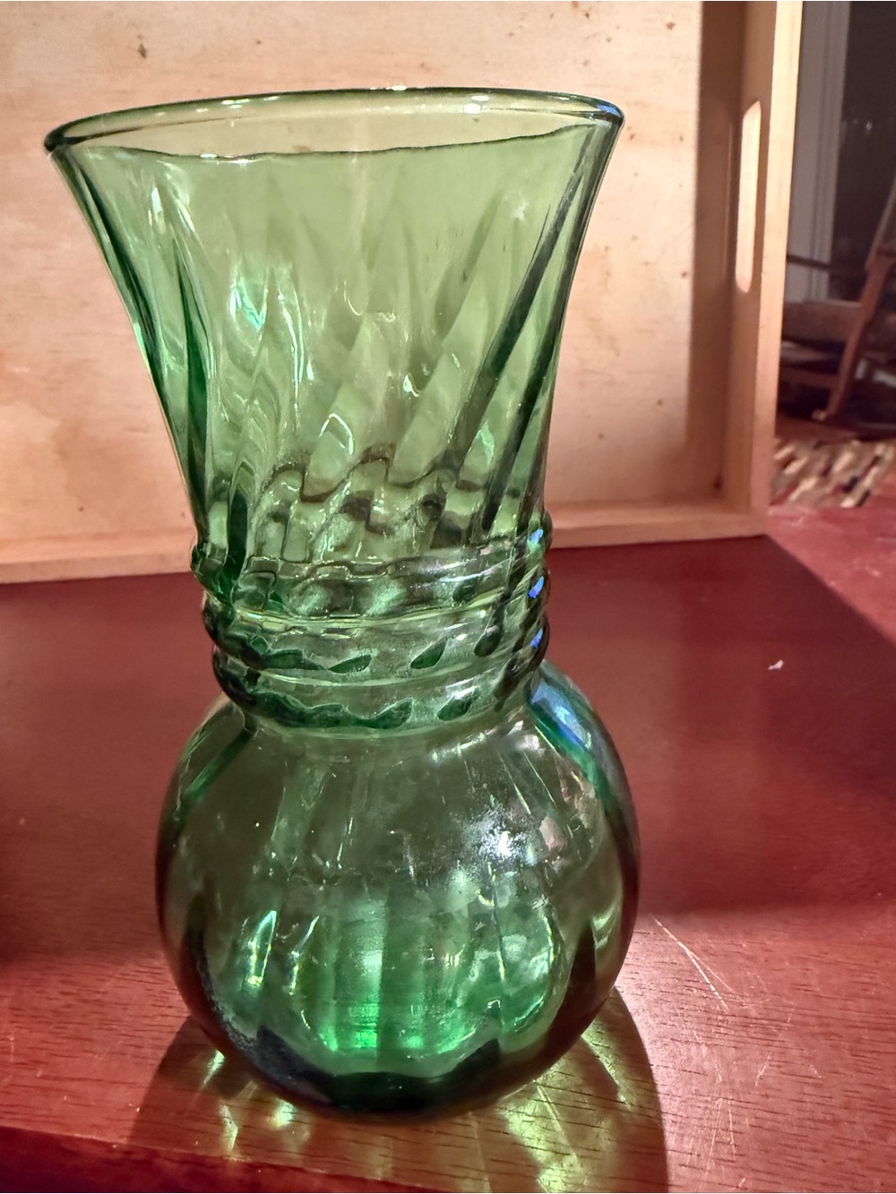 Vintage Anchor Hocking Green Glass Optic Swirl Vase MCM
